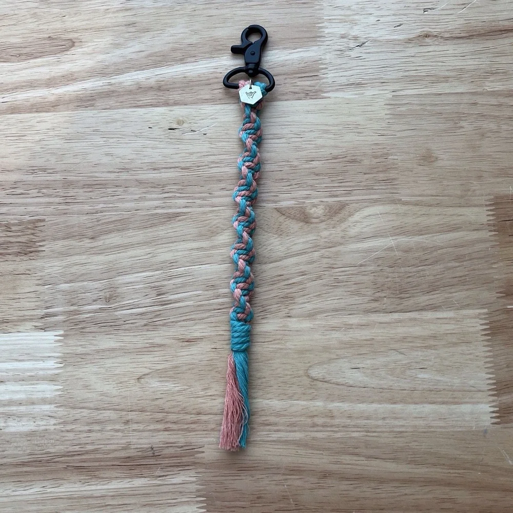 Handmade Macrame Boho Surfer Pink And Teal Keychain With Charm